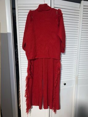 Eloquii Plus Size Women’s Fringe Trim Knit Turtleneck Sweater & Pants Set